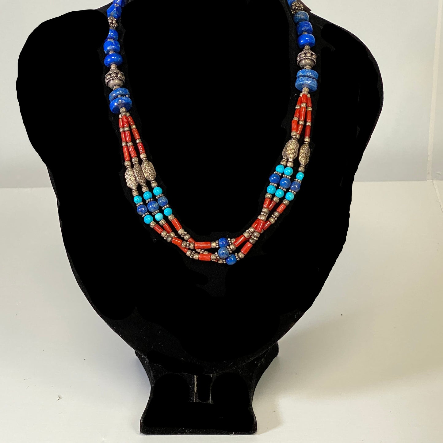 Handcrafted 925 Sterling Silver Lapis Lazuli Coral & Turquoise Layered Gemstone Necklace