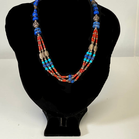 Handcrafted 925 Sterling Silver Lapis Lazuli Coral & Turquoise Layered Gemstone Necklace