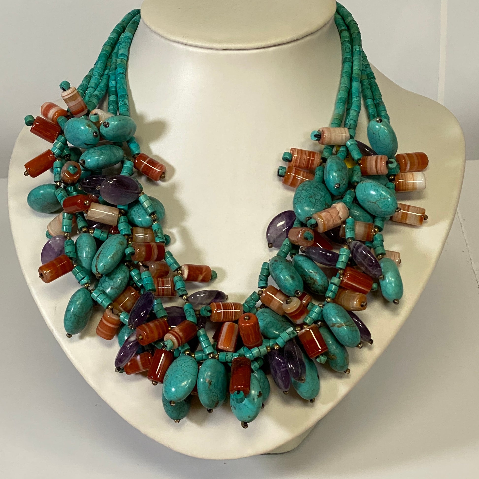 Handmade Turquoise Agate  & Amethyst Layered Gemstone Necklace