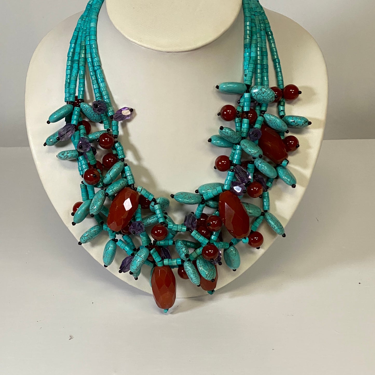 Handmade Turquoise Carnelian & Amethyst Layered Gemstone Necklace