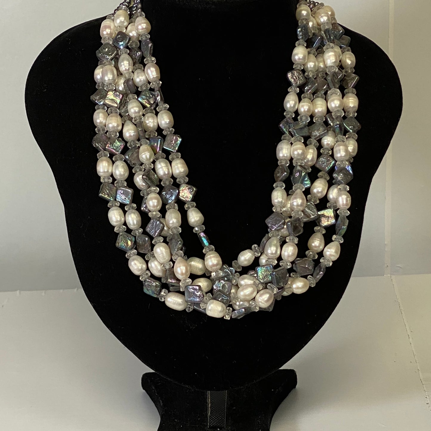 Multi-Strand White & Grey Pearl Crystal Necklace